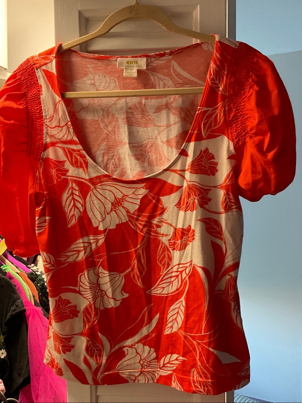 Maeve Orange and White Floral Scoop-Neck Puff Sleeve Top